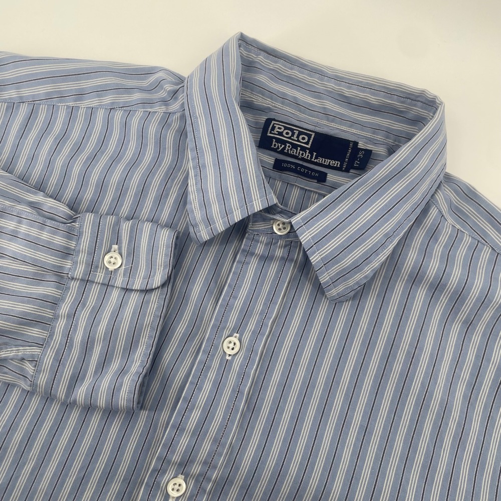 Polo Ralph Lauren Button Down Mens 17-35 Blue White Striped Long Sleeve Cotton
